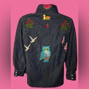 Vintage 1970’s one-of-a-kind embroidered dark denim long sleeved button down
